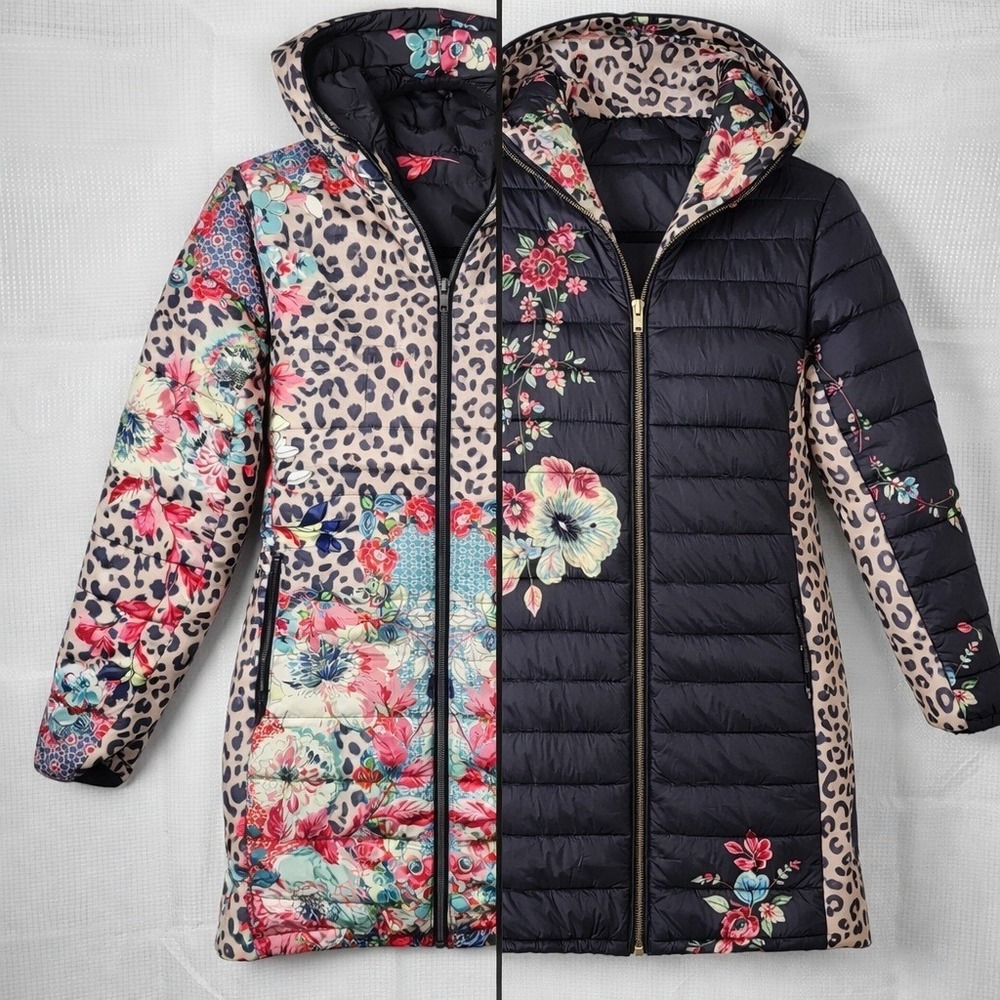 JOHNNY WAS Lubello Reversible Down Puffer Parka Leopard Floral XS